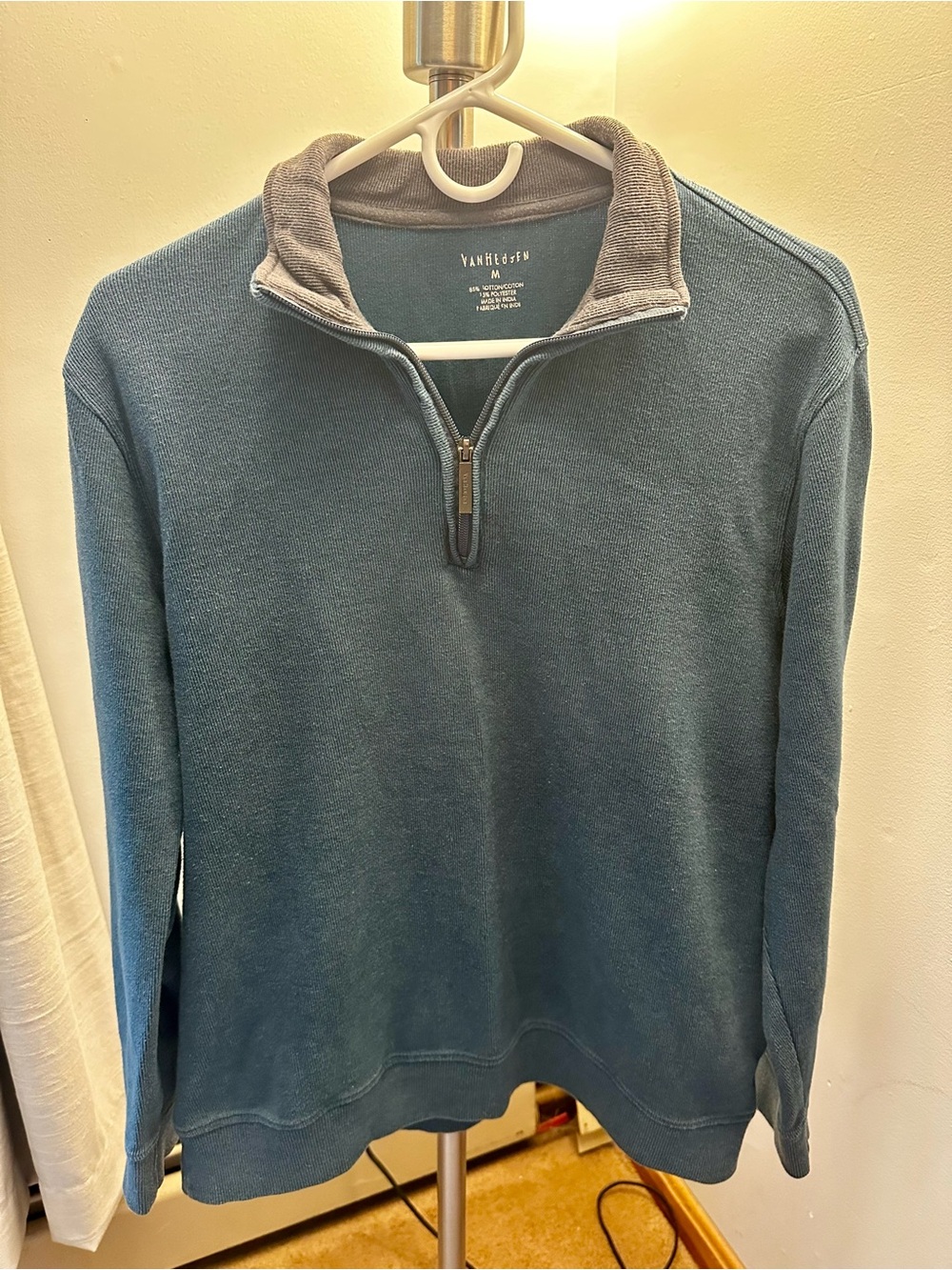 Van Heusen Teal Zip-Neck Sweater with Gray Collar